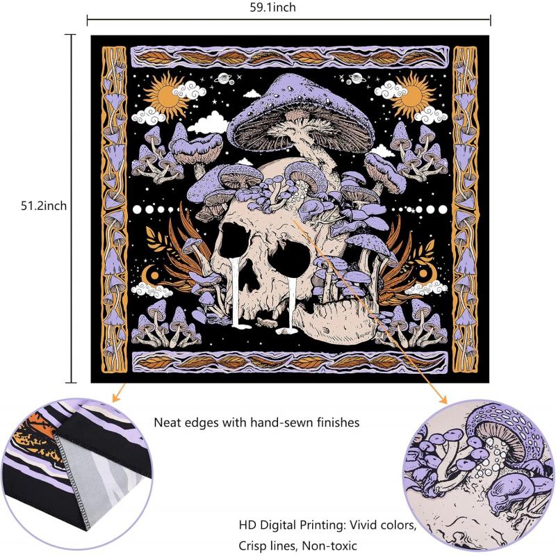 VIKAMA Mushroom Skull Print Tapestry Bohemian Psychedelic Purple Aesthetic Wall Decor Perfect for Bedroom Home Decor