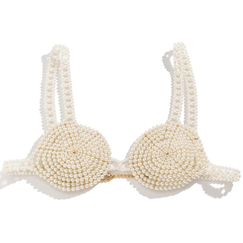 

Стильная жемчужная цепочка на грудь для бикини, пляжная изысканная женская жемчужная отделка, бюстгальтер, украшение для тела, бисерный топ, накидка на грудь