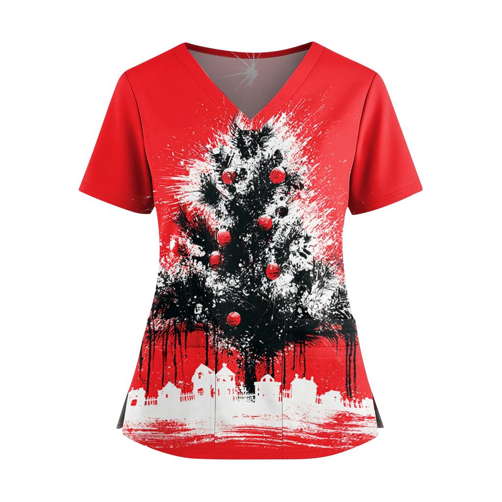 Women's Christmas Print V-Neck Short Sleeve Scrub Top with Pockets and Side Slits