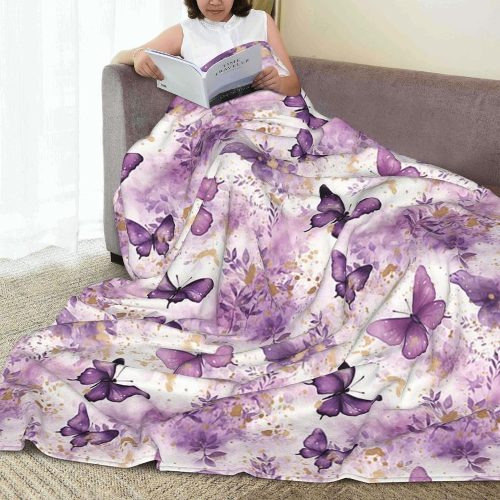 Lavender Butterfly Floral Pattern Blankets Flannel Sofa Throw Blanket Super Soft for Home Bedroom Outdoor Throws Bedspread Quilt