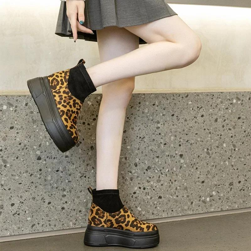 

8,5 см микрофибра весенние трикотажные ткани эластичные тканевые ботинки ботильоны кожаные ботильоны до колена осенние женские туфли на платформе танкетке 2025 34 леопардовый