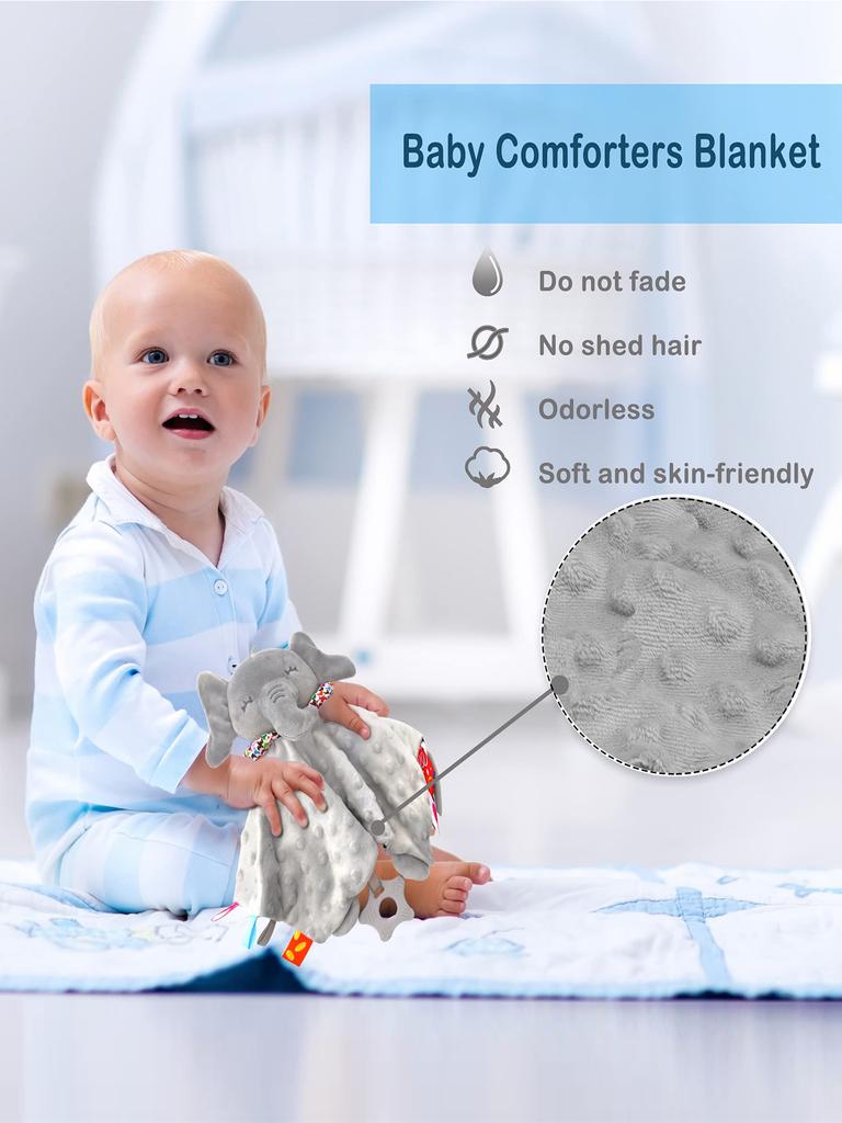 Baby Security Blanket Elephant with Tags Teether Rattles Mobile Soft Blanket Snuggle Toy Stuffed Animal for Babies Newborns Gift