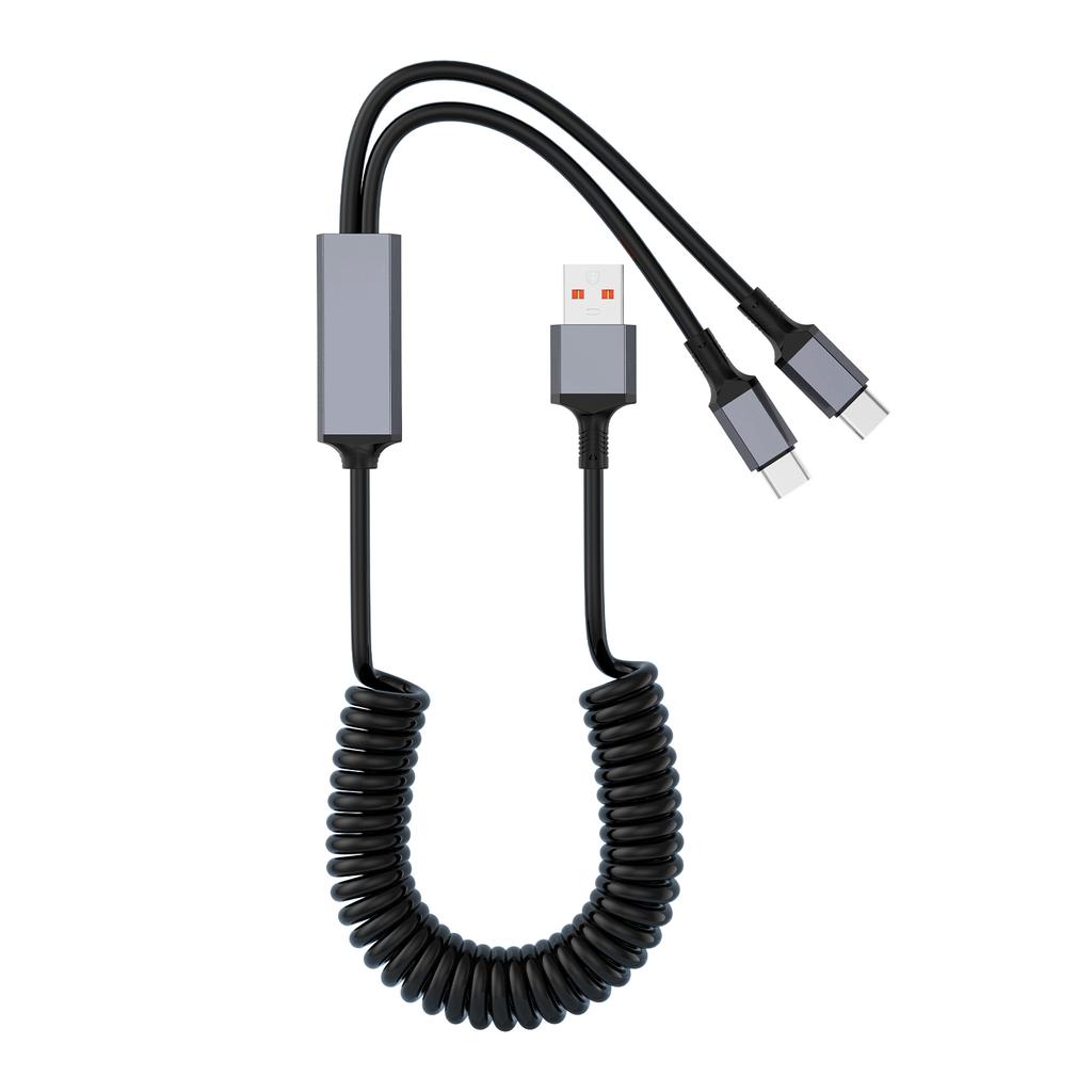 100W Super Fast Charging 2-in-1 Retractable USB-C & Type-C Coiled Data Cable 90-Degree Angled Design TPU Material for IPhone17