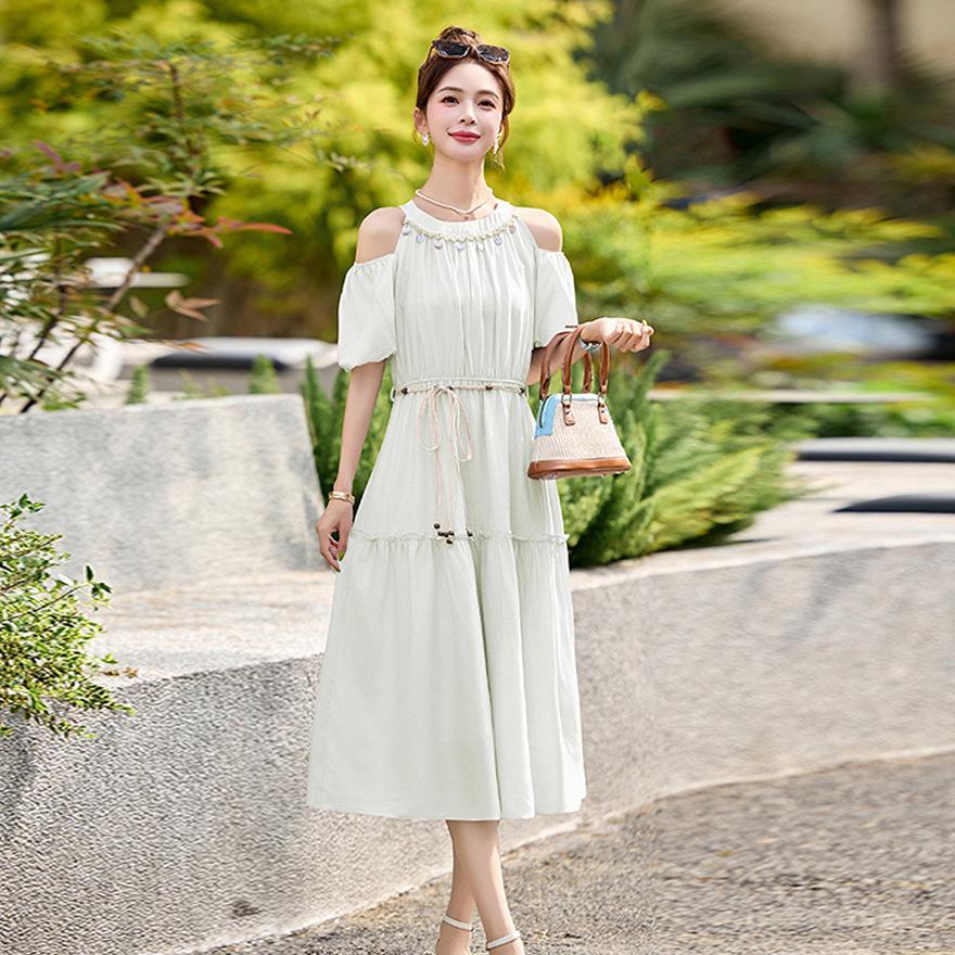 

Платье женское летнее дизайн легкой роскоши дизайнерское чувство талия и стройнящее супер красивое с открытыми плечами вырез лодочкой юбка 2XL бежевый