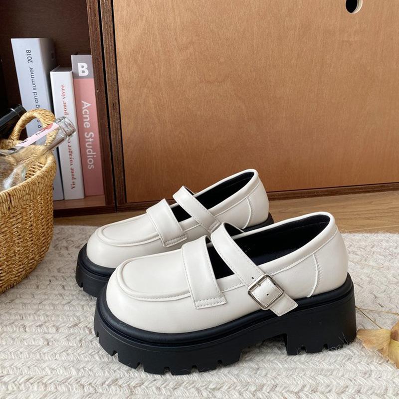 Woman Shoes Round Toe Mary Jane Chunky Loafers Platform High Heels Shoe Women Pumps PU Leather Buckle British Retro Dresses Shoe