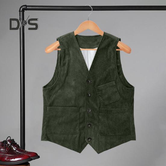 Men Corduroy Vest Coat V-neck Sleeveless Single Breasted Buttons Waistcoat with Pockets Solid Color Vest Jacket