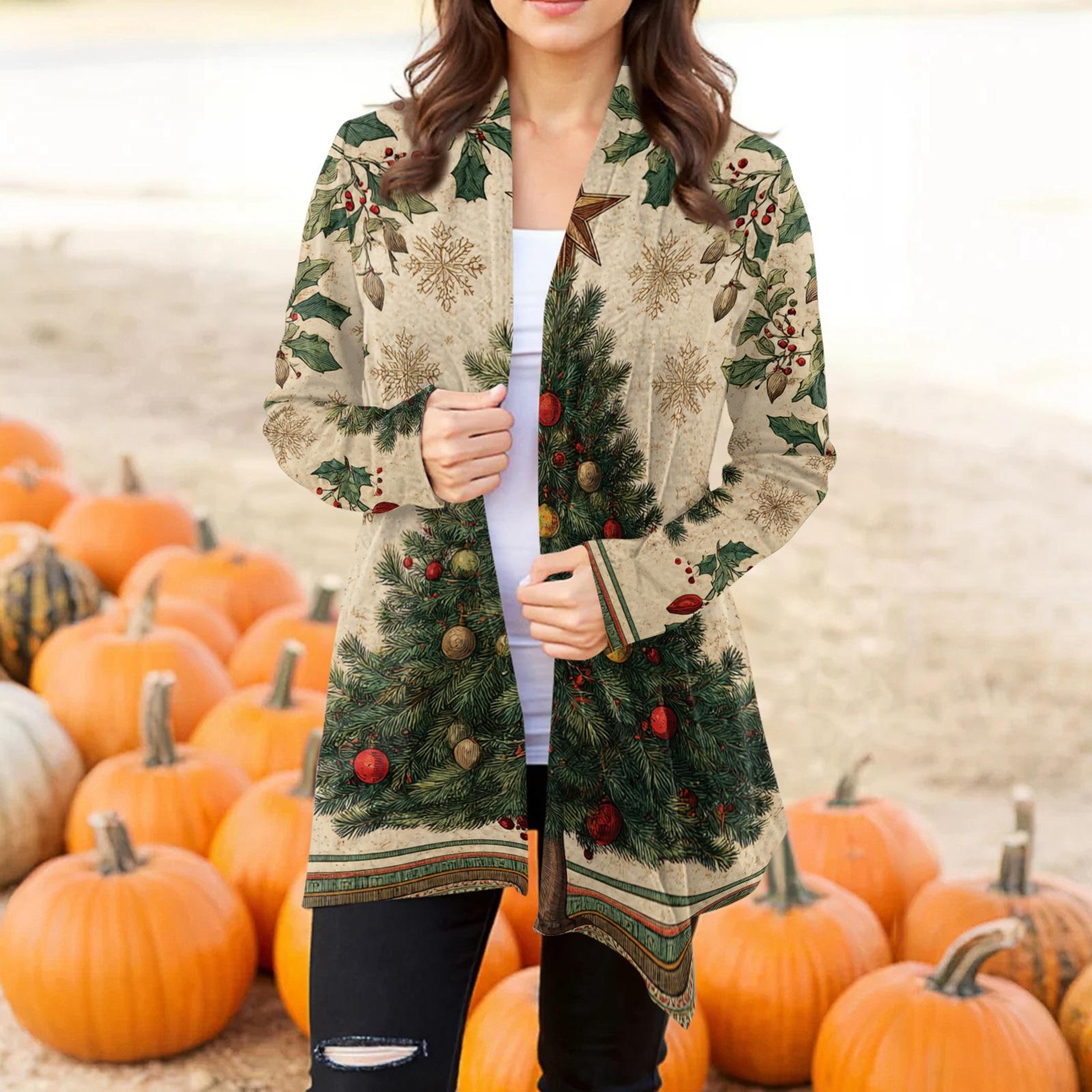 

Женский модный повседневный кардиган-жакет средней длины с неровным подолом и рождественским принтом M зелёный