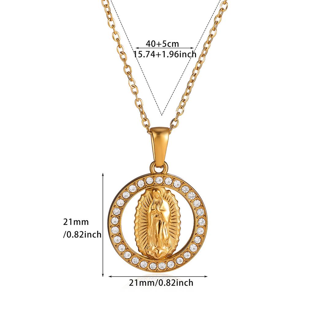 Virgin Mary Pendant With Diamonds Necklace For Women Gold Color Medal Charm Stainless Steel Religious Punk Jewelry Easter Gift