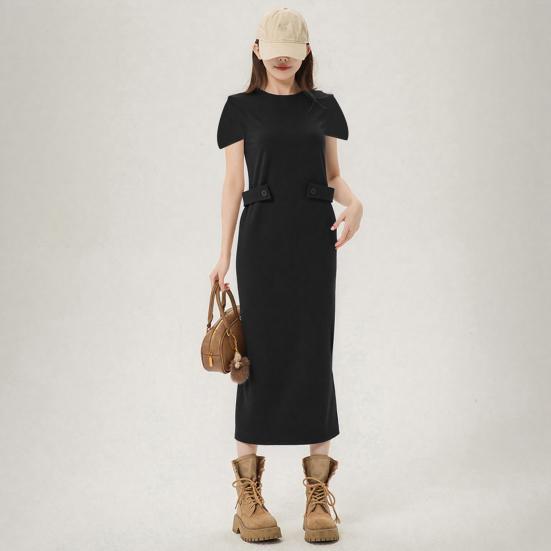 

Women Midi Dress Round Neck Short Sleeve Waist-hugging Design Casual Dress Solid Color Loose Fit L зелений