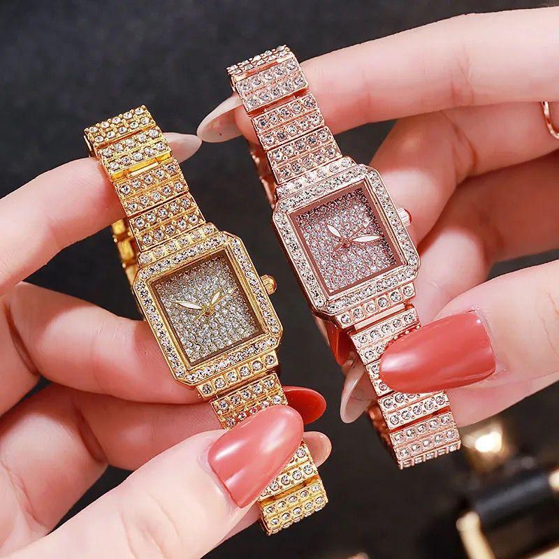Women's Fashion Quartz Watch with Diamond-Inlaid Square Dial and Alloy Band.