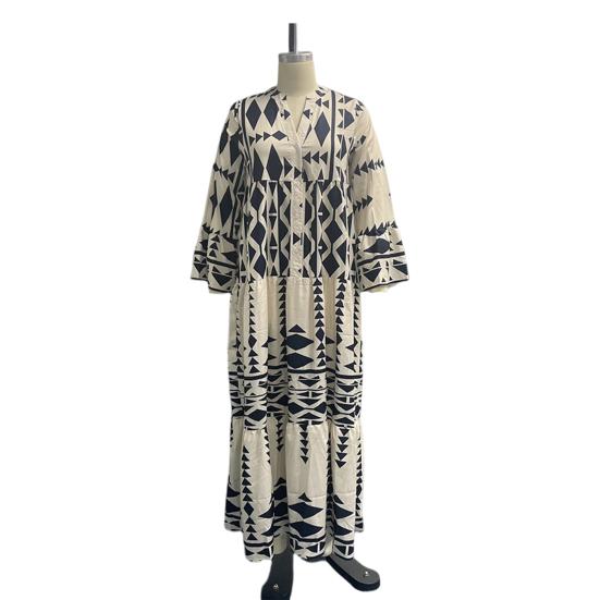 V-Ausschnitt Langarm Knöpfe Halbe Knopfleiste Plissee-Nähte Großer Saum Strandkleid Geometrisch