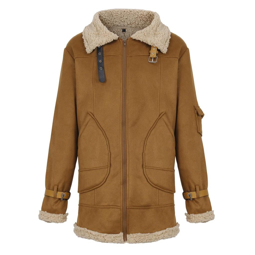 Men's Thickened Long Sleeves Coat Faux Leather Fleece Jacket Outerwear
