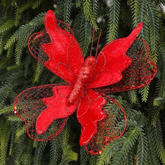 Yousheng Christmas Tree Decoration Festive Butterfly Pendant Realistic Glittered Branch Decor for Xmas Home Party Display
