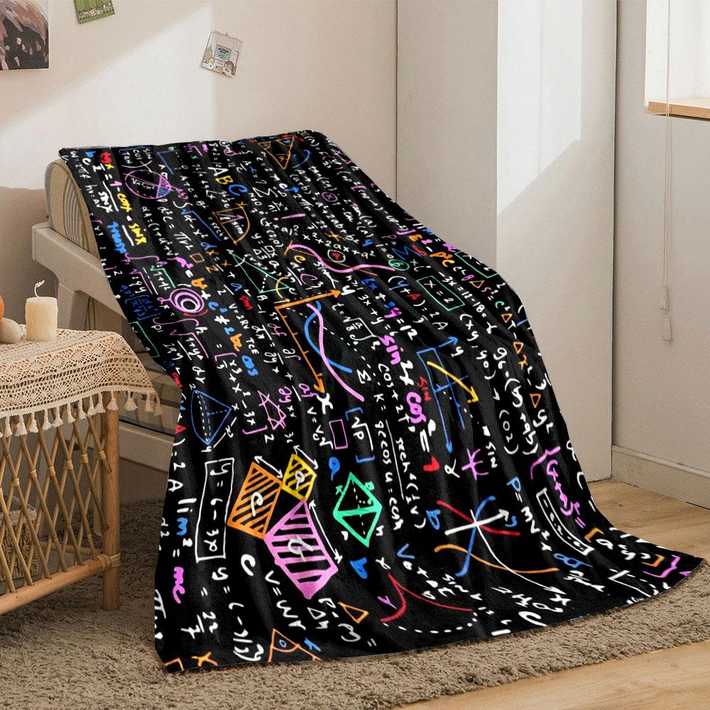 Colorful mathematical formulas, geometric shapes, and graphs on a black background. for all seasons blanket lunch break throw gift