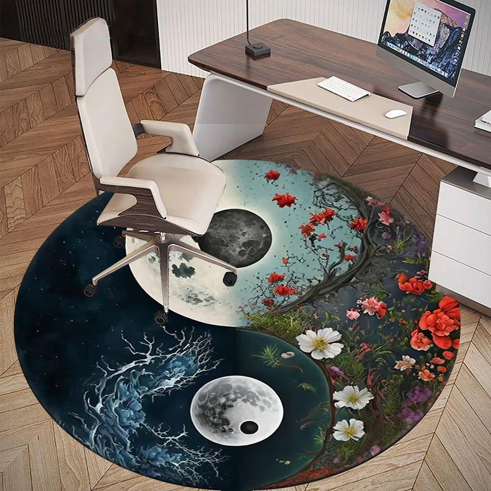 Yin Yang Moon Flowers: A Unique Artistic Design for Home DecorRound Non-Slip chair mat chair carpet for office Rugs for Office Decor Gift For Valentin