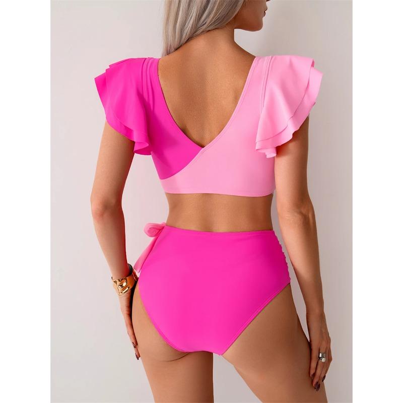 Color Patchwork Bikini Set Ruffle Trim Swimsuit Women New Fashion Swimwear Female Bathers Bathing Swimming Suit Beach 2 Pec
