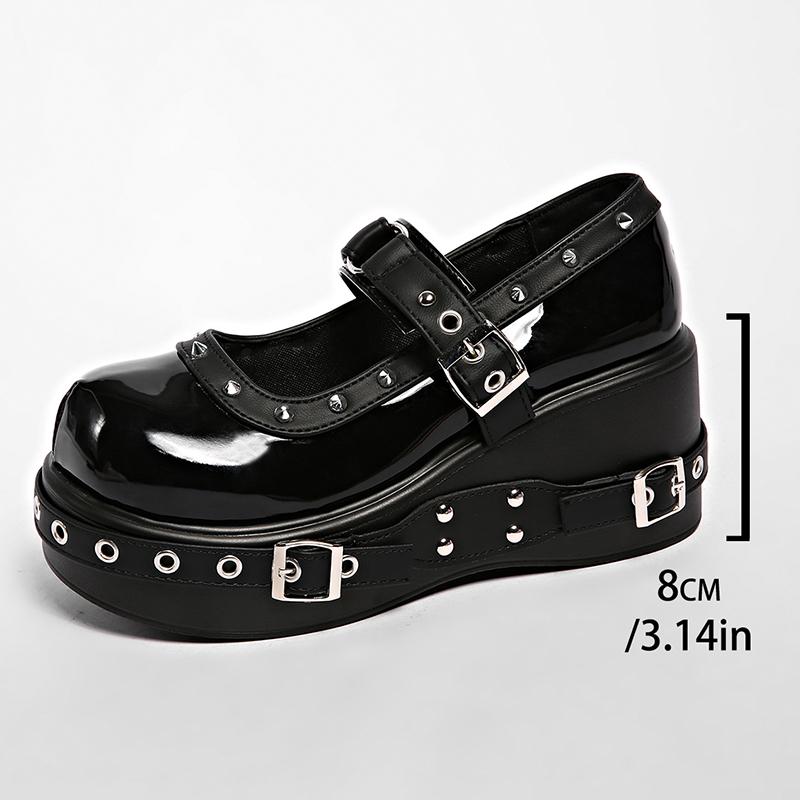 Fashion Punk Platform Mary Jane Shoe for Women Black Patent Leather Wedge Heel Loafers Woman Thick Sole Rivet Buckle Gothic Lolita Shoes