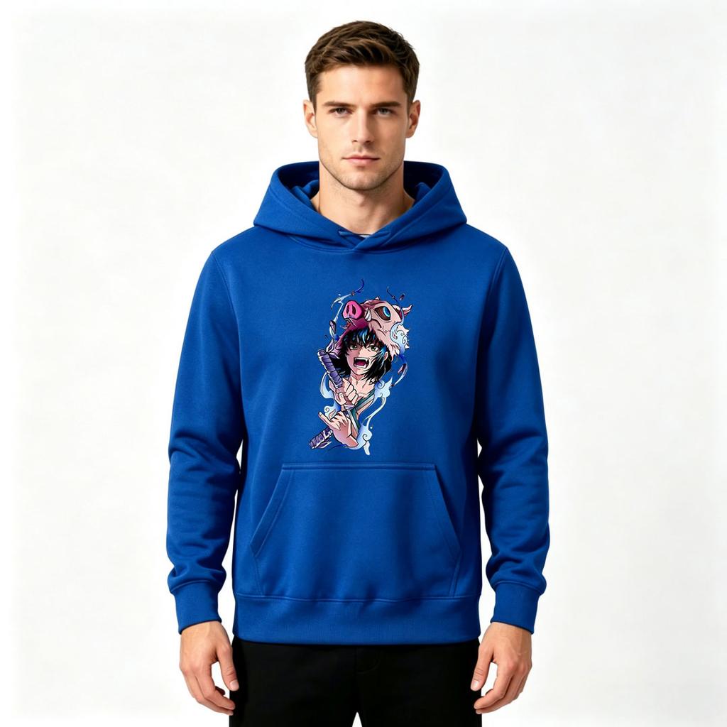 Men Anime Printed Pullover Hoodie Inosuke Pattern Casual Long Sleeve Sweatshirt for Daily Wear