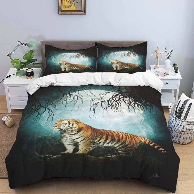 Blue Light Jungle White Tiger Animal Print Bedding Set (3-Piece) - Domineering White Tiger Pattern Duvet Cover and Pillowcase Se