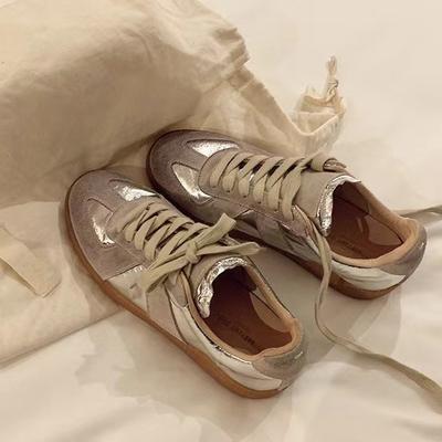 Silver Dexun Shoes Women's New Color Matching Leather Casual Shoes Inner Heightening Lace-up Flat Baseplate Shoes Forrest Gump Shoes