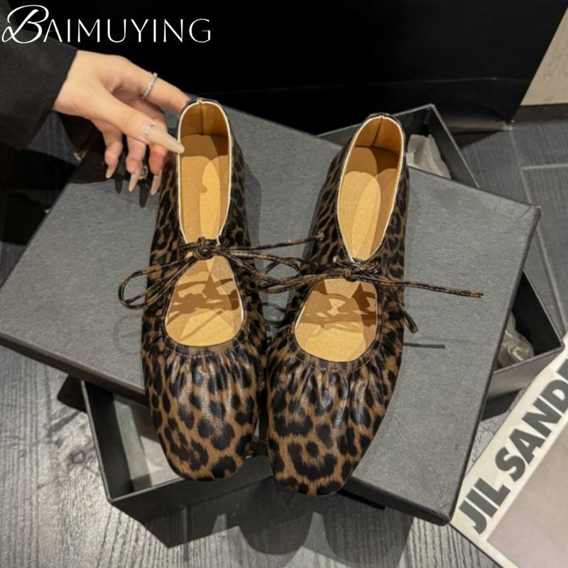 Leopard Square Toe Women Flat Sandals Marie Janes Shoes Woman Summer 2025 Trend Elegant Dress Comfort Soft Leather Zapatillas