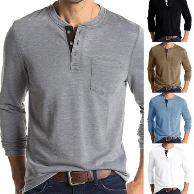 Maglietta Henley a maniche lunghe da uomo, casual, ampia, con bottoni, tinta unita