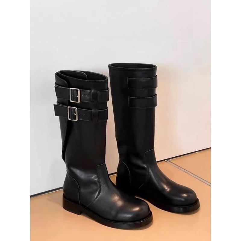 Cowhide version~ Genuine leather retro locomotive boots knight boots women's thick heels but knee long boots medium tube thin Martin boots