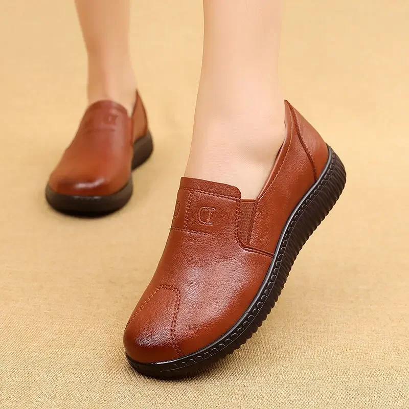 Fashion Women Genuine Leather Shoes Spring Autumn Brown Female Casual Shoes Black Mom Ladies Cozy Classic Leisure Loafer Shoes2025