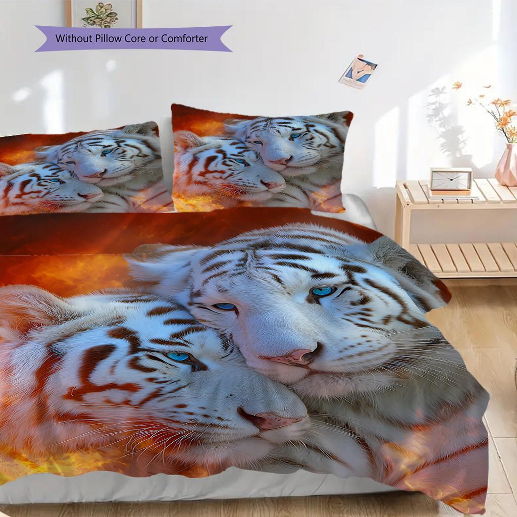 White Tiger Pattern Bedding Quilt Set Quilt Cover Pillowcase Home Decoration Birthday Gift (1 * Duvet Cover + 2 * Pillowcase, Without Core)