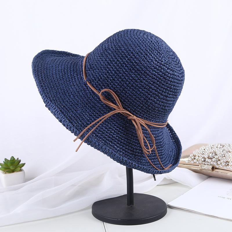 

Folding Straw Hat With Large Brim, Women S Bohemian Style Butterfly Rope Sun Hat Spring&Summer Vacation Hollow Breathable Hat темно-синього кольору