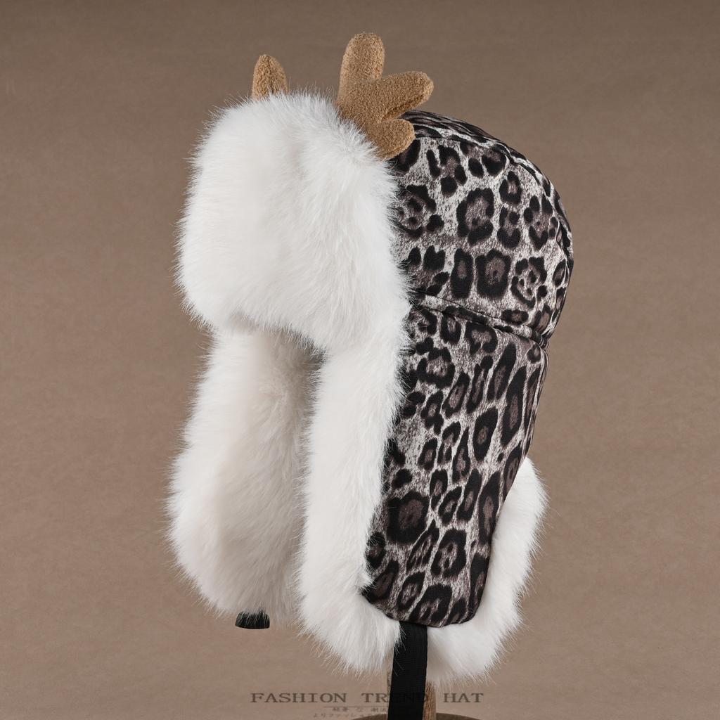 Antlers Leopard Print Hat Women's Winter Thickened Plush Ear Protection Hat Men's Outdoor Cycling Cold-proof Snow Mountain Hat