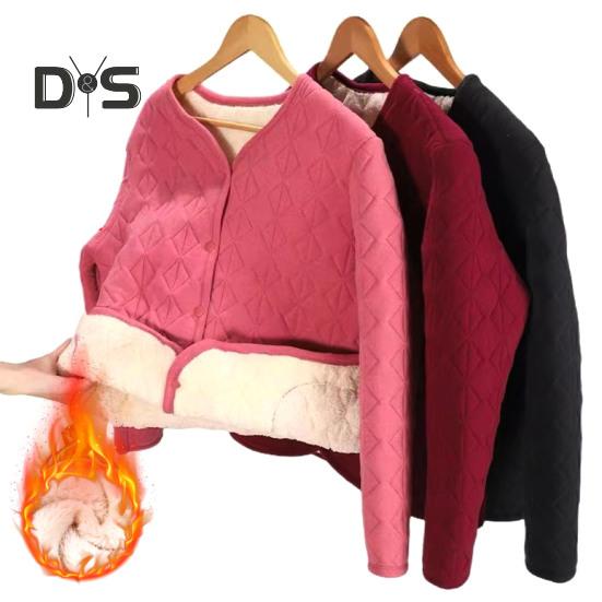 Mid-aged Women Jacket Plush Size Thickened Fleece V Neck Single-breasted Slim Fit Long Sleeves Warm Pockets Mother Bottoming Coat