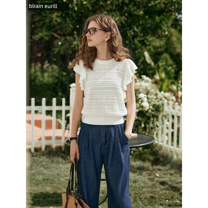 

Olrain French Pure Color Cut Out Knitwear Female Spring/Summer 2025 New Arrival Fashion Loose Ruffled Sleeves Top Shirt Apricot White In Stock 155/80A/S