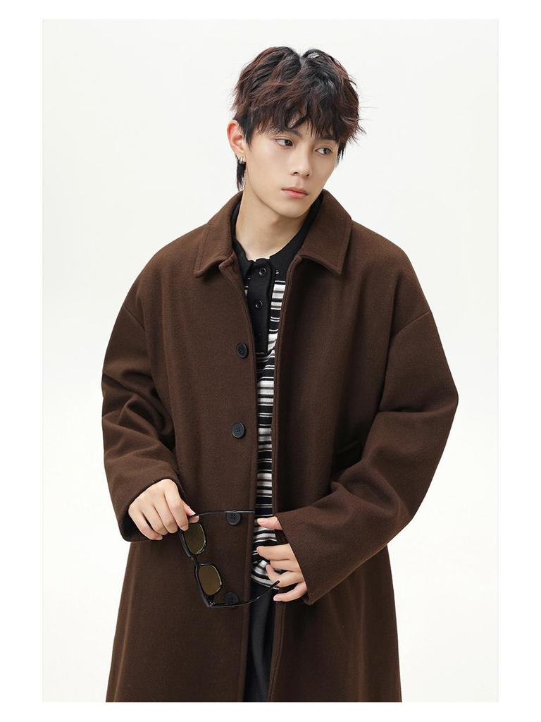 Men's Mid-Length Wool Coat - Dragon & Phoenix Design, Autumn/Winter Korean Style, Thick Windbreaker, Loose Fit, Trendy Brand Lapel Jacket.