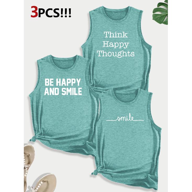 ThinkHappy Text Combination Gift Print Pattern Round neck3Pack of Sleeveless Vests for Women In Spring, Summer, and Autumn