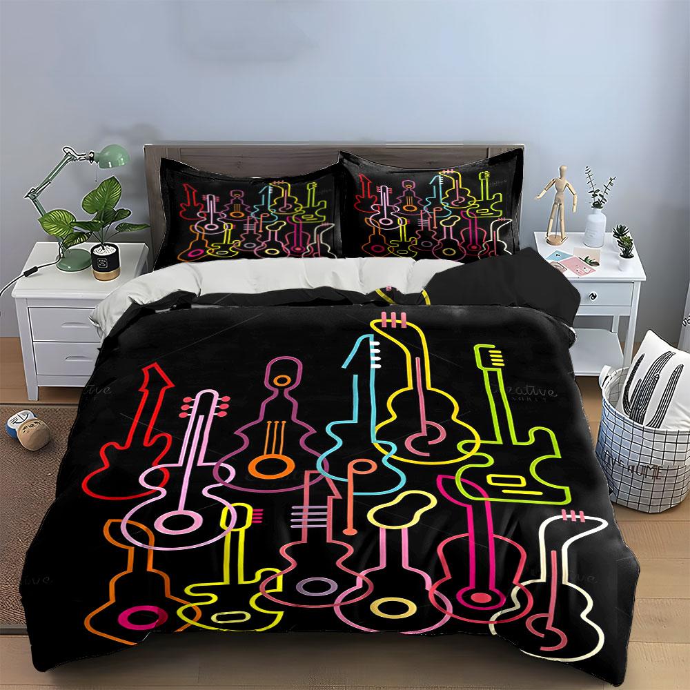 Colorful Neon Guitar Silhouettes. Bedding Sets Duvet Cover Sets Duvet Covers Pillowcases(1 * Duvet Cover 2 * Pillowcases Without Duvet Insert)