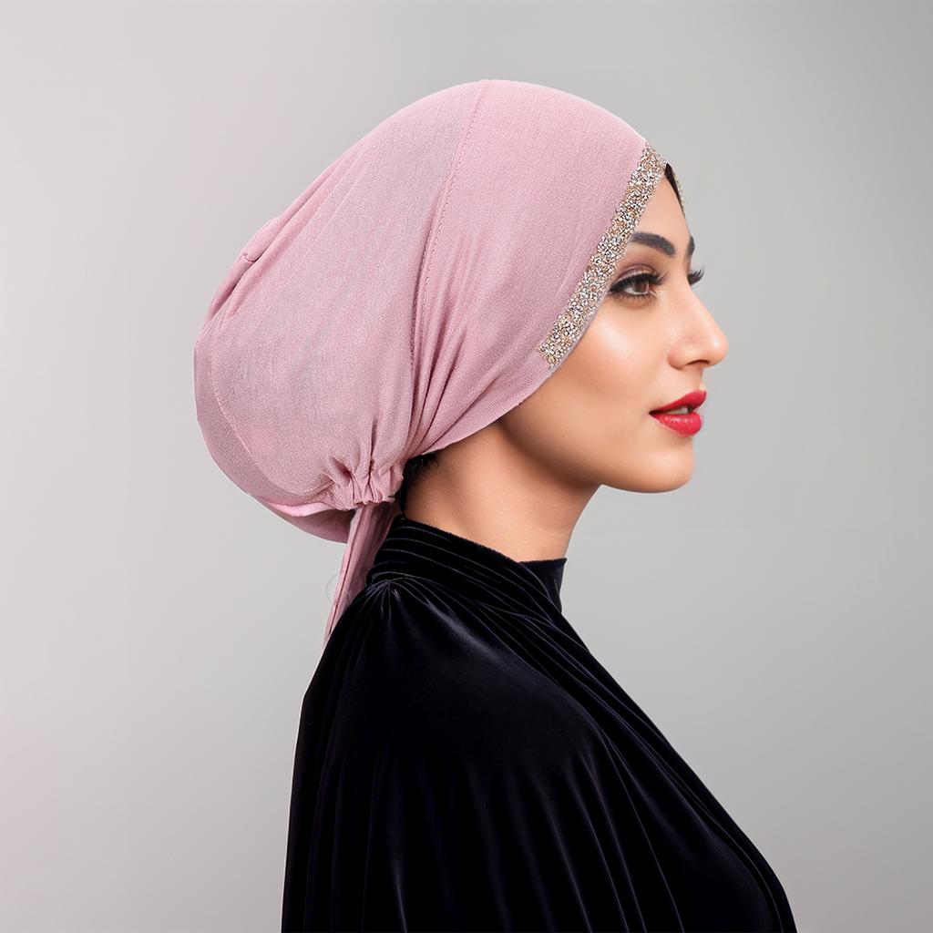 Shiny Rhinestone Hijab Muslim Inner Hijab Elastic Women Plain Solid Color Turban Undercaps Premium Soft Jersey Hijab Headband