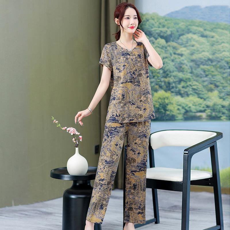 Plus Size Sommer-elegante Hosen-Sets für Frauen, Vintage-Druck, 2-teiliges Set, Damen-Outfit