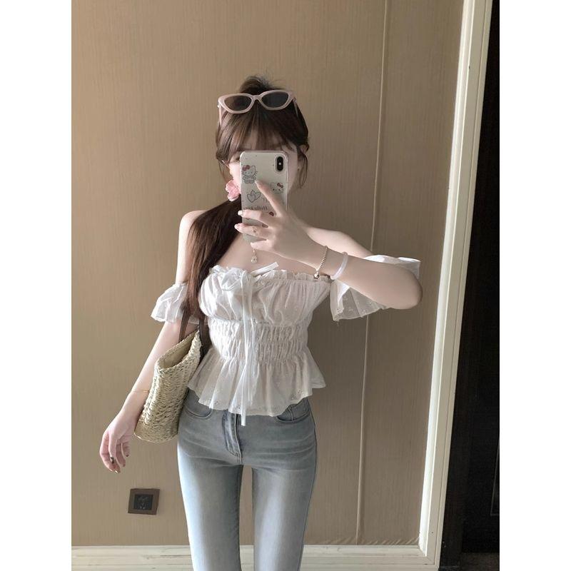 Kumikumi Pure Desire Style off-Shoulder Collar Pleat Shirts Women clothes Summer Lace-up Hollow off-Shoulder Slimming White Top