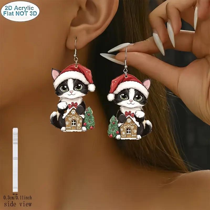 Bohemian Christmas Cat Santa Hat Acrylic Earrings