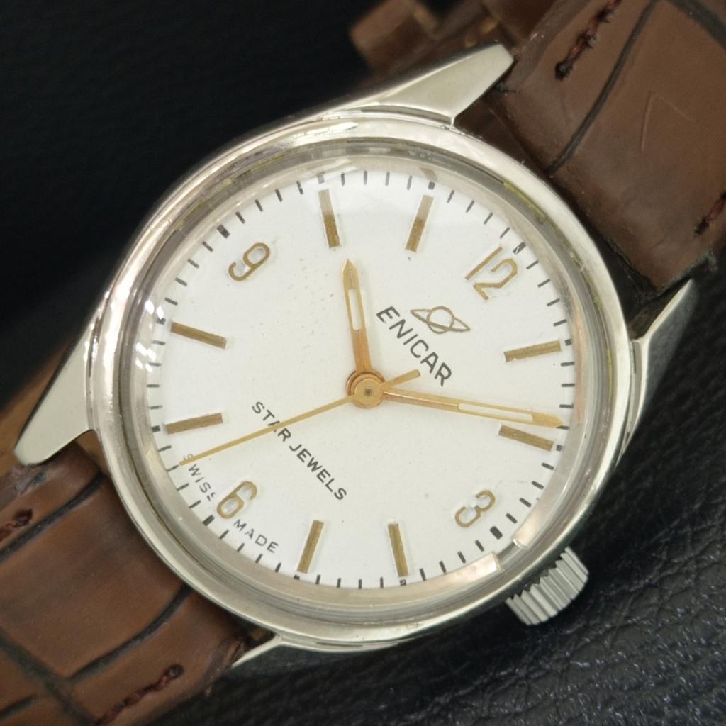 

VINTAGE ENICAR STAR JEWELS 1140 HAND-WINDING SWISS MENS WHITE WATCH a705152-1