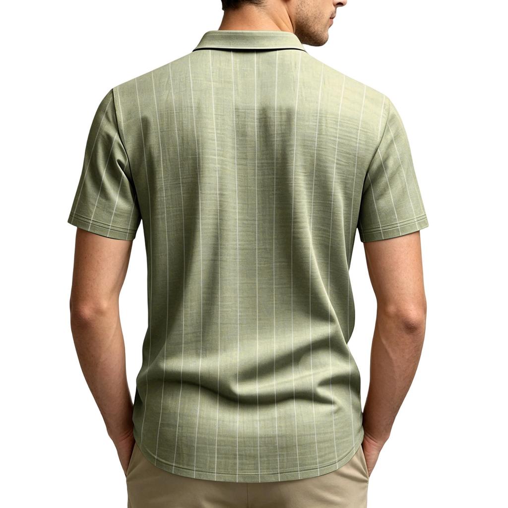Men's Linen Button Down Shirt Vertical Stripe Pattern Short Sleeve Casual Loose Fit Breathable Summer Shirt with Turn Down Collar