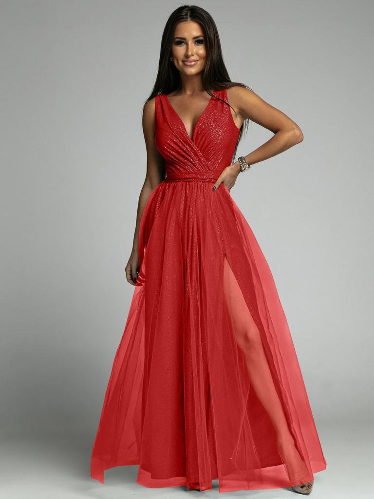 Europe and the United States Cross-border 2025 New Ma Xun Sexy V-neck Waist and Thin Split Fork Big Pendulum Shiny Dress Dress