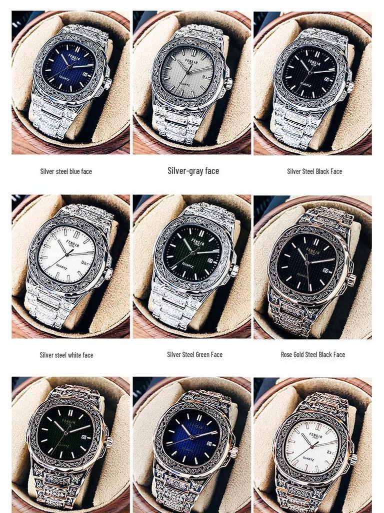 FENSIR Engraved Mesh Men's Retro Calendar Quartz Watch In European and American Style