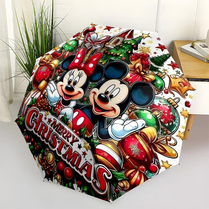 

1pc Mickey & Minnie Christmas Ornament with Automatic Opening Umbrella - Portable Folding Design, 8-Rib Iron Frame Outdoor Umbrella, Festive