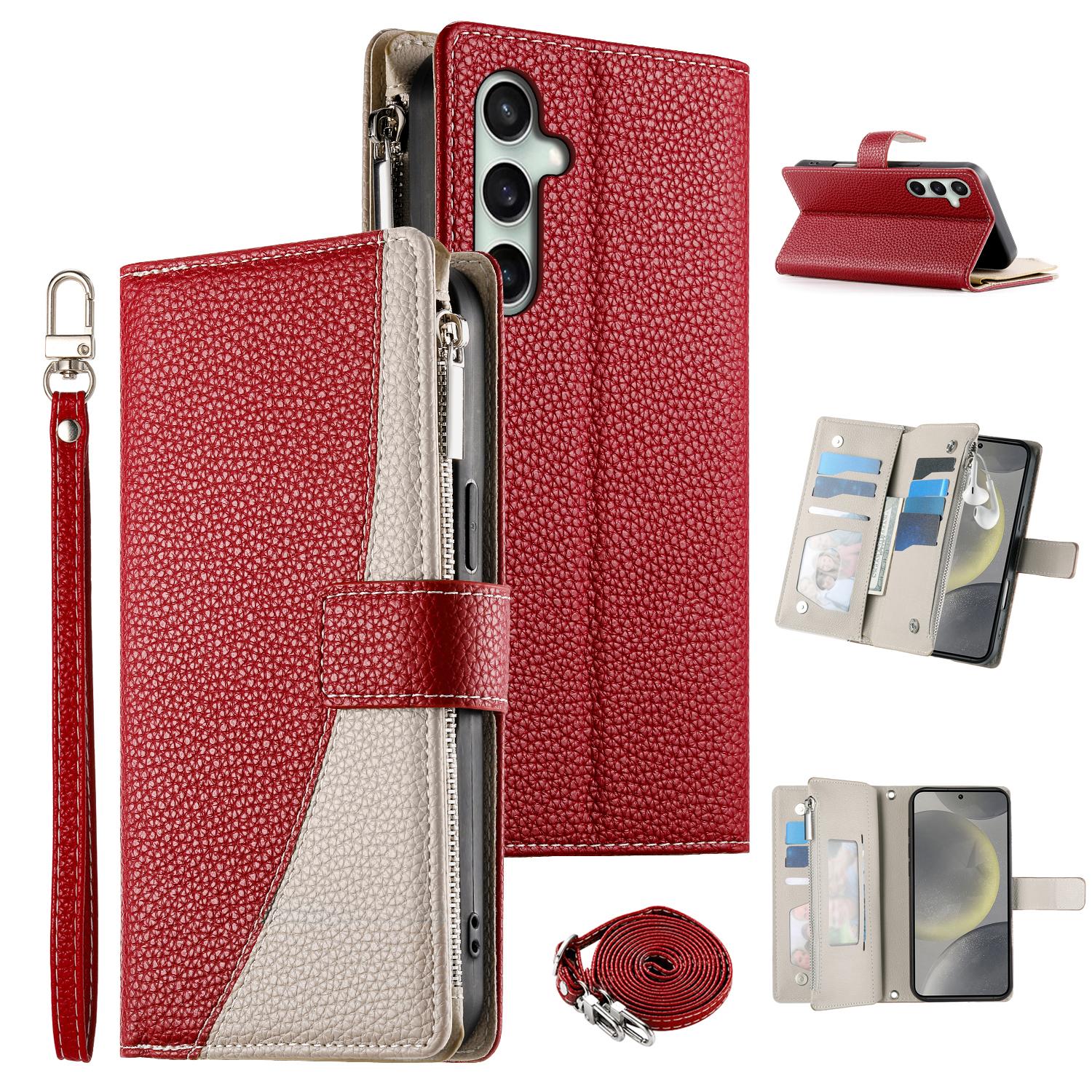 

For Samsung Galaxy S24 FE Case Zipper Wallet Color Splicing Leather Flip Phone Cover with Straps Red