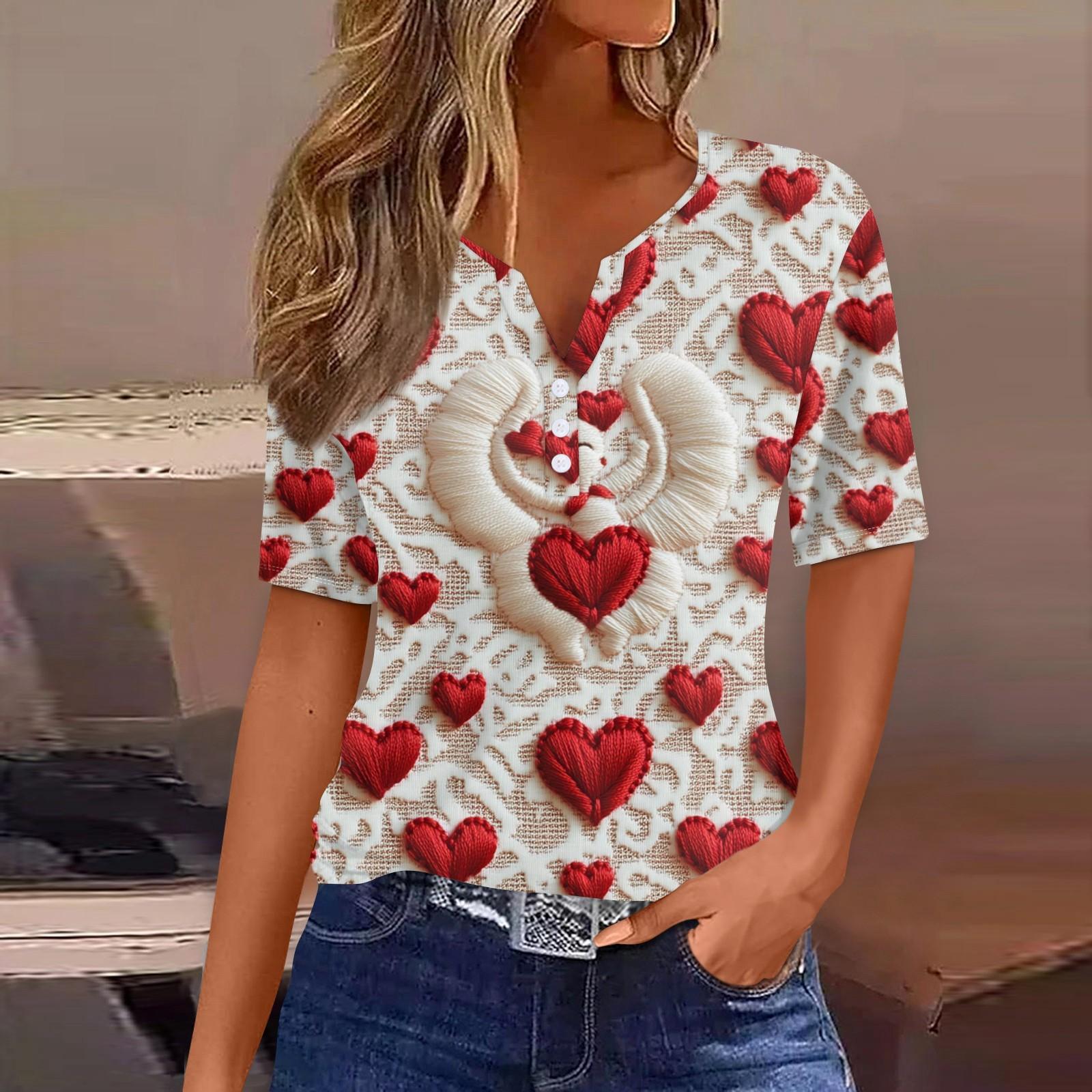 

Женская футболка с принтом ко Дню святого Валентина на пуговицах с коротким рукавом, туника, повседневная мода на выходные, базовый топ с V-образным вырезом L бежевый