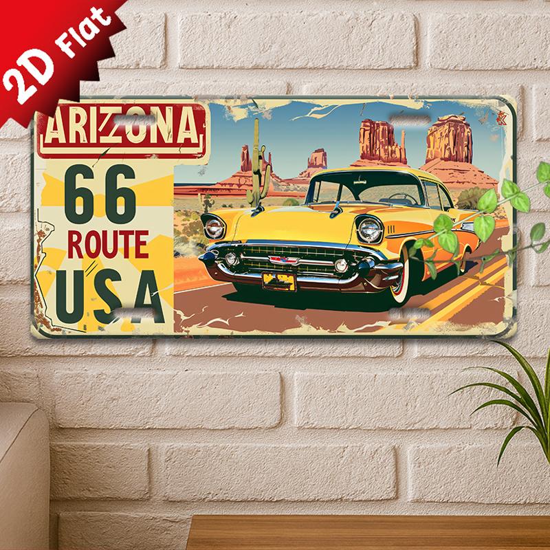 2D Flat, Vintage Metal Tin Sign - Route 66 Retro Car & Arizona Landscape Wall Art, 11.8x5.9 Inch Aluminum Decorative Plaque