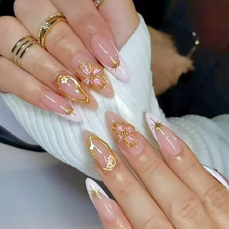 24pcs Press On Nail Almond False Nail With 3D Flowers Designs Glossy Artificial Full Cover Stick On Nail for Women