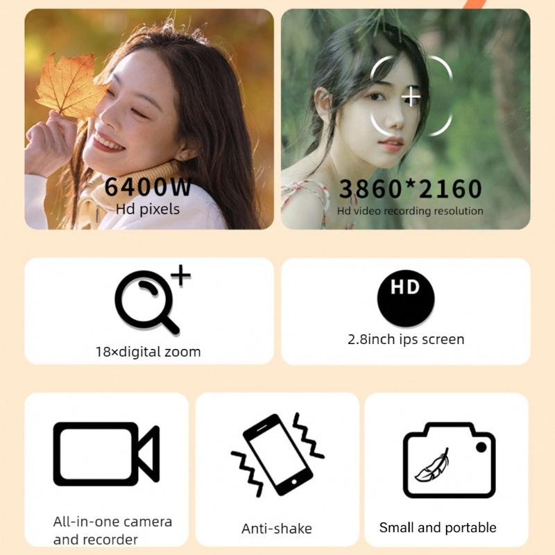 4K UHD 64MP Digital Camera Double Screen 18X Zooms Portable Camera for Students Travel Vloggings